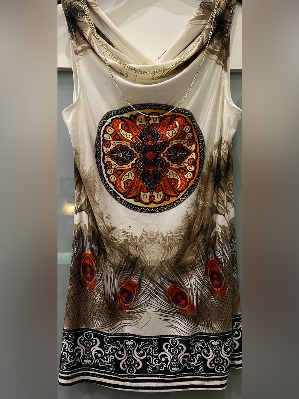 BRAND NEW Anself Sleeveless Ivory & Brown Jewel Cowl Neck Lightweight Mini Dress